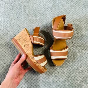 SPERRY Kennedy Plushwave Brown/White Strappy Wedge Sandal Heel Wmns 8